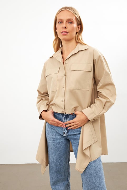 Beige Asymmetric Detail Pocket Long Sleeve Shirt