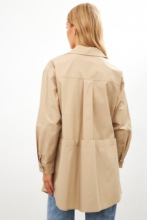 Beige Asymmetric Detail Pocket Long Sleeve Shirt