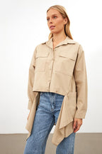 Beige Asymmetric Detail Pocket Long Sleeve Shirt