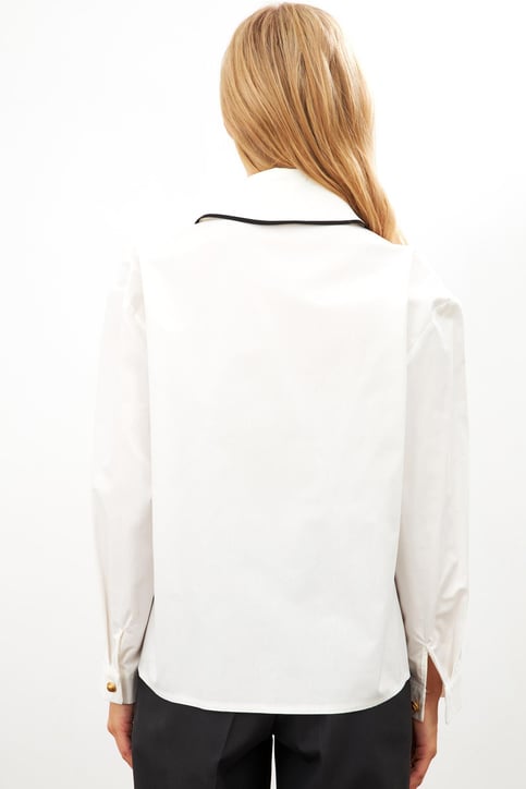 Ekru Asimetrik Yaka Düğme Detaylı Uzun Kollu Gömlek