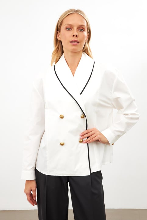 Ekru Asimetrik Yaka Düğme Detaylı Uzun Kollu Gömlek